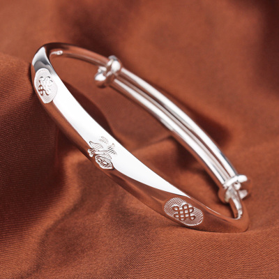 妈妈款银手镯9999纯银女福字实心推拉银镯子足银送妈妈礼物送女朋友老婆情人节七夕生日礼物