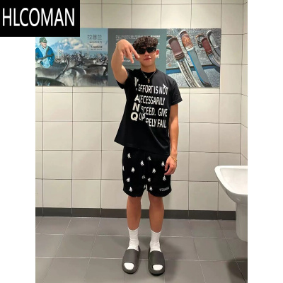 HLCOMAN美式满印LOGO网眼四五分裤男夏季百搭小众篮球训练休闲短裤潮