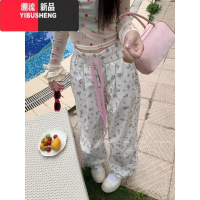 YIBUSHENG美式粉色碎花工装裤女春新款宽松显瘦抽绳运动休闲裤直筒阔腿裤