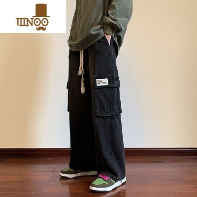 YANXU黑色多口袋工装牛仔裤男美式复古水洗潮牌街头宽松bf直筒休闲长裤