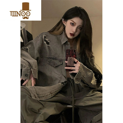 YANXU水洗破洞牛仔外套男美式复古高街vibe牛仔衣潮牌情侣做旧工装夹克