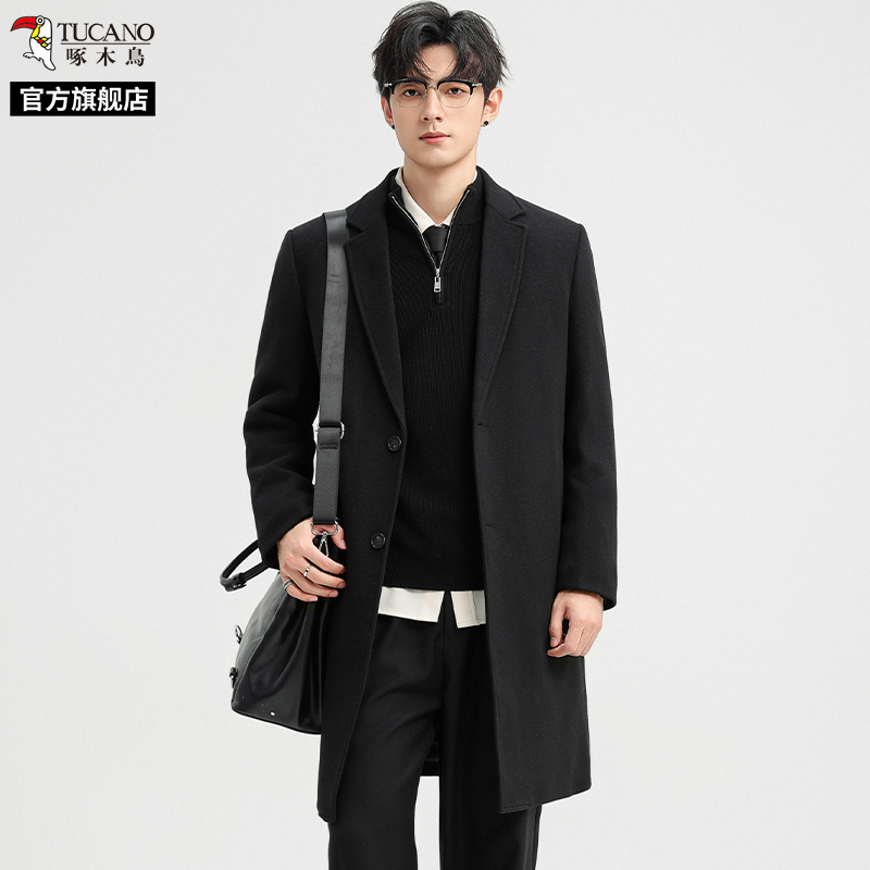 啄木鸟毛呢大衣男中长款2025冬季新款高级感羊毛加棉加厚呢子外套