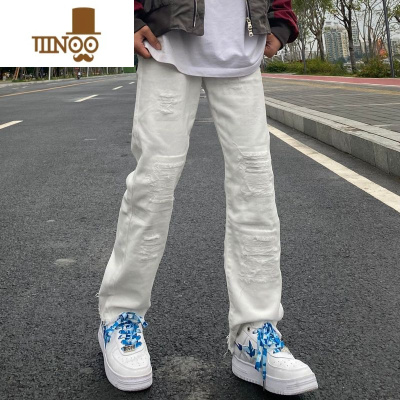 YANXU欧美vibe风直筒显瘦毛边破洞牛仔裤男ins潮牌高街黑色微喇叭长裤