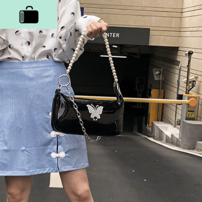 baby原创设计暗黑复古小众蝴蝶水钻珍珠双链条法棍腋下包NEW LAKE 黑色蝴蝶女士单肩包