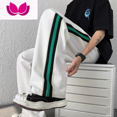 七斓春季撞色条纹休闲阔腿裤子男港风宽松学生潮流百搭ins直筒运动裤