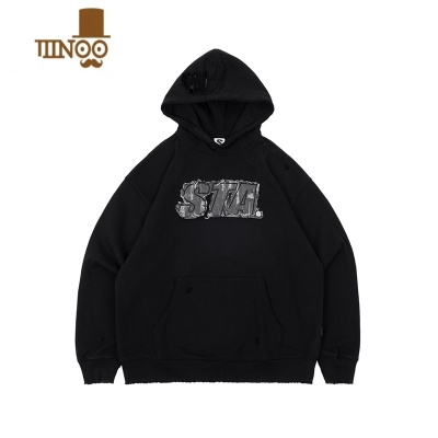 YANXUTA 2023刺绣牛仔LOGO破坏国潮宽松加绒连帽衫卫衣男女