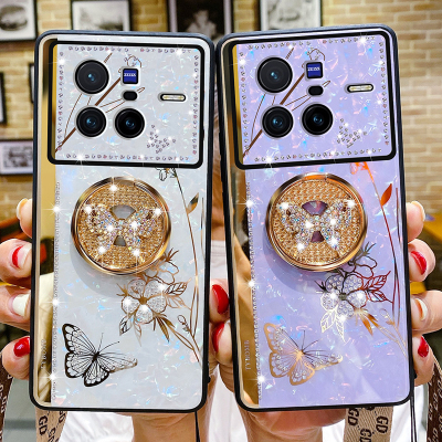 魅爱琳 VIVO X80手机壳X80PRO保护套外壳 蝶恋花电镀轻奢镶钻 指环扣全包防摔软套 潮日韩时尚 女 手机套