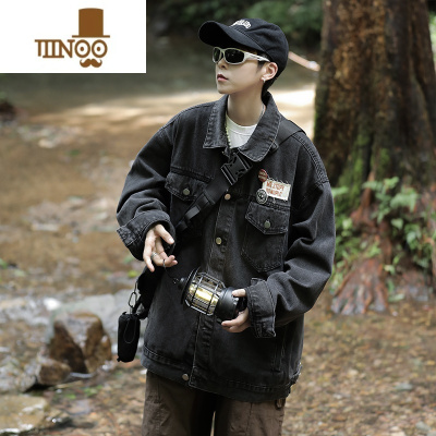 YANXU日系潮牌水洗工装牛仔外套男美式复古宽松潮牌高街贴标休闲夹克衫
