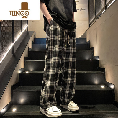 YANXU美式复古格子裤子男款夏季日系慵懒风潮流百搭直筒宽松黑白休闲裤