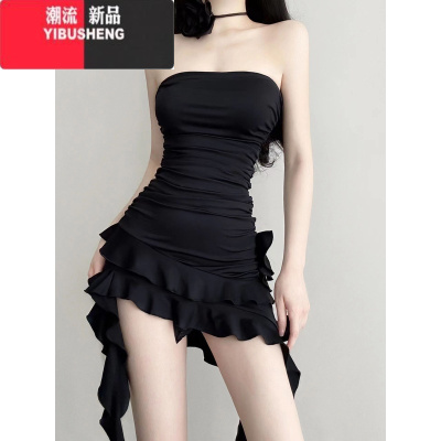 YIBUSHENG炸街甜辣妹黑色连衣裙女2024新款小众性感收腰显瘦不规则抹胸短裙