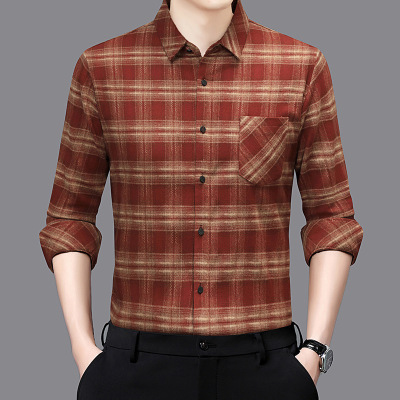 新款秋装磨毛格子带口袋男士长袖衬衫中年爸爸装时尚休闲上衣
