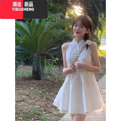 YIBUSHENG新中式女装改良旗袍无袖挂脖连衣裙季高级感气质收腰小个子短裙