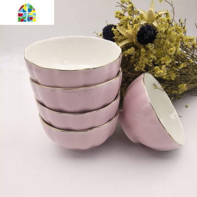 景德镇家用碗盘套装简约南瓜镶金边陶瓷餐具套装加厚防烫防滑微波 FENGHOU 南瓜碗-粉红色5英寸3个