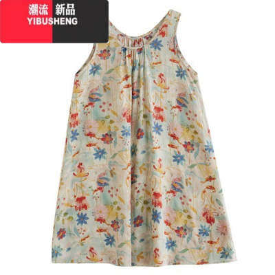 YIBUSHENG2024款宽松吊带a字裙遮肚显瘦棉麻无袖背心裙圆领碎花连衣裙女
