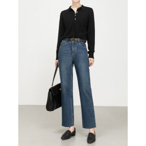 秋季新款四面弹直筒牛仔裤女高腰显瘦毛边九分烟管裤