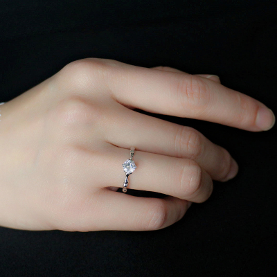 S925纯银竹节六爪钻开口戒指清新文艺风银指环结婚道具镶锆石女戒送女朋友老婆情人节七夕生日礼物