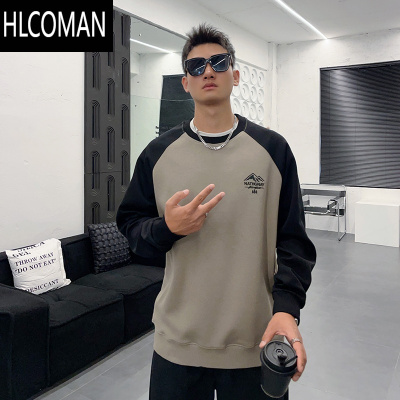 HLCOMAN撞色卫衣男潮牌ins个性插肩字母刺绣长袖T恤新款加绒帅气上衣