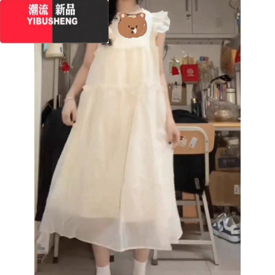 YIBUSHENG季新款法式茶歇圆领小飞袖连衣裙女小众清新减龄宽松显瘦背心裙