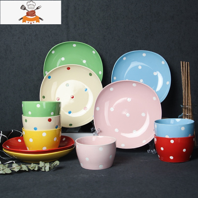 波点碗碟套装家用餐具碗盘组合饭碗菜盘陶瓷瓷器套装6盘6碗6筷子 敬平 18头 波点 混色 18件