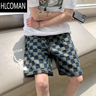 HLCOMAN夏季高街港味ins复古格子牛仔短裤男潮牌原宿风宽松五分休闲中裤