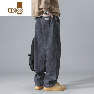 YANXU松紧腰直筒秋季牛仔裤男耐磨宽松大码工地干活工作裤阔腿劳保裤子