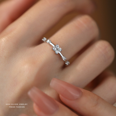 s999纯银四叶草锆石戒指女小众轻奢开口戒高级感百搭足银食指戒送女朋友老婆情人节七夕生日礼物