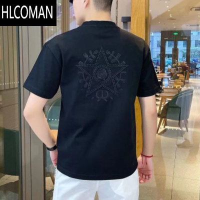 HLCOMAN夏季新款刺绣圆领T恤男士韩版修身弹力半袖ins百搭休闲短袖男上衣