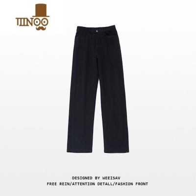 YANXU美式复古高街黑色牛仔裤男秋季新款嘻哈潮牌修身显瘦直筒长裤vibe