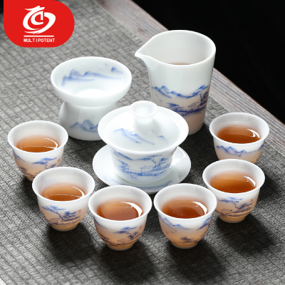 MULTIPOTENT整套功夫茶具套装羊脂玉瓷冰种手绘10头盖碗套组山水精美伴手礼盒
