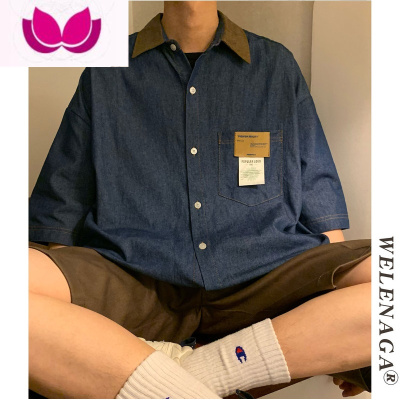 七斓夏季美式复古牛仔翻领短袖衬衫男女新款宽松百搭设计感小众衬衣潮