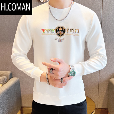 HLCOMAN欧货烫钻圆领长袖t恤男士2024加绒卫衣p暖打底衫时尚体恤潮