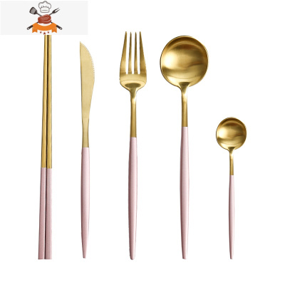 欧式网红刀叉勺套装葡萄牙304不锈钢北欧可爱西餐牛排盘勺子餐具 敬平 粉金5件套