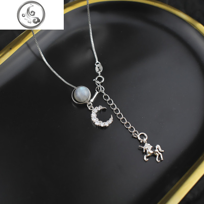 s925纯银月光石独角兽项链女潮网红个性小众设计轻奢月亮锁骨链 JiMi