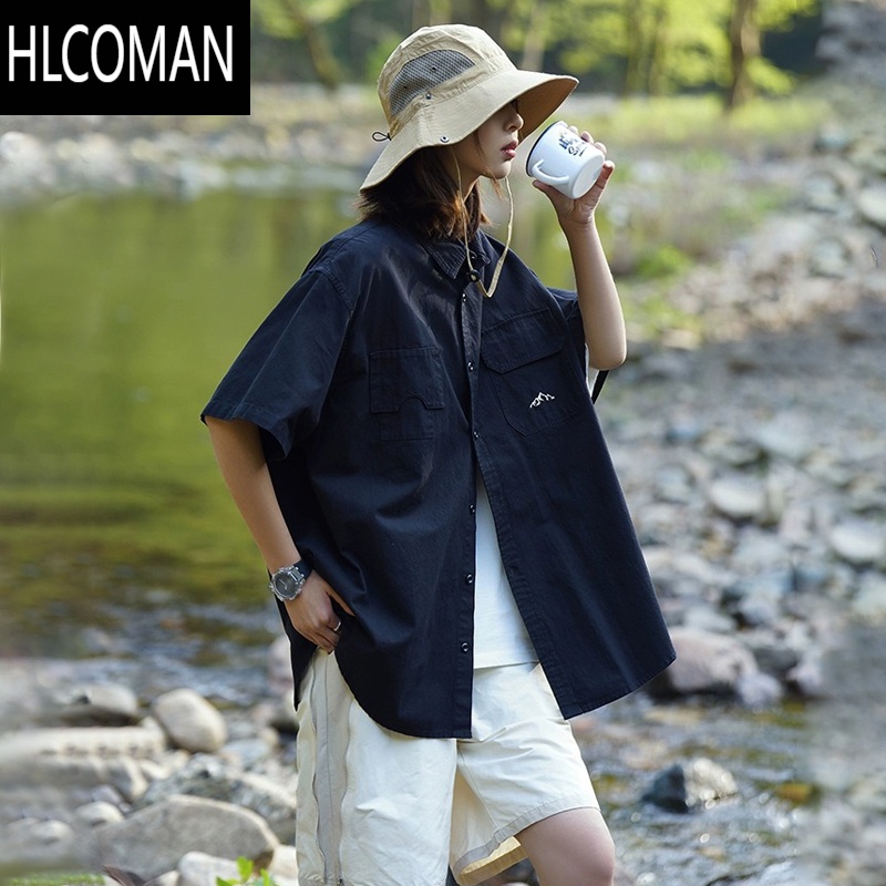 HLCOMAN日系机能不规则口袋工装短袖衬衫男女潮流小众长袖休闲衬衣
