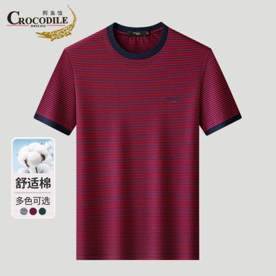 鳄鱼恤CROCODILE 夏季男士条纹透气撞色休闲百搭刺绣短袖T恤衫