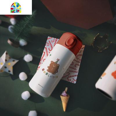 原创保温杯316不锈钢女弹跳水轻杯便携学生圣诞新年红 FENGHOU 姜饼熊450ml316不锈钢—