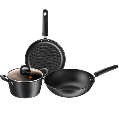 康巴赫锅具套装双倍防锈精铁炒锅煎锅汤锅三件套电磁炉通用FXJT3A