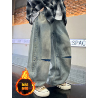 男童加绒牛仔裤冬季新款秋冬款阔腿裤中大儿童加厚裤子痞帅潮