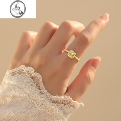 JiMi轻奢超闪小方糖黄水晶戒指女黄钻麻花食指戒镀金时尚高级感