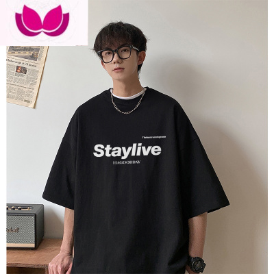 七斓卡其色260g短袖t恤男士夏季美式高街潮牌上衣大码宽松体恤衫