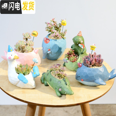 三维工匠zakka田园多肉花盆可爱卡通动物花盆鲸鱼花园派对创意小花盆套餐 花园派对一套6个配多肉+花插配土+铺面花盆容器