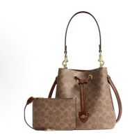 COACH蔻驰女包 Rowan 22 品牌徽标经典 皮革 水桶包手提包 小号 女款 棕色CBH07-IMXHE