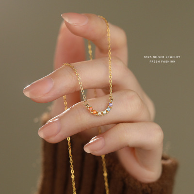 韩版小清新小巧彩色锆石微笑项链s925纯银轻奢百搭高级感锁骨链潮送女朋友老婆情人节七夕生日礼物