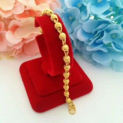 新款镀金实心光面磨砂圆珠手链男女久不掉色仿真24k欧币沙金手镯送女朋友老婆情人节七夕生日礼物