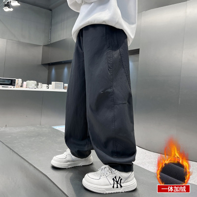 男童加绒休闲裤冬装新款中大童男孩初中生直筒宽松长裤一体绒