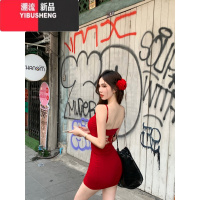 YIBUSHENG蝴蝶镂空露背吊带连衣裙女季纯欲风短裙红色显身材收腰包臀裙子