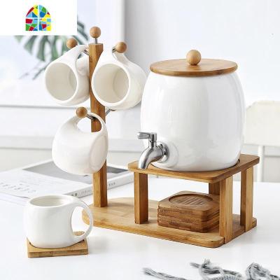 北欧创意凉水壶套装家用杯子陶瓷冷水壶带龙头可高温客厅水杯水具 FENGHOU 新款一壶4杯1架子(不锈钢龙头)