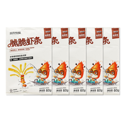 三只松鼠脆脆虾条烤肉味膨化零食休闲办公原味虾片60g*5袋