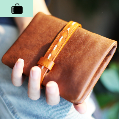 牛皮复古简约短款两折小钱包可放驾驶证男女款青年软皮搭夹潮NEW LAKE 黄棕色