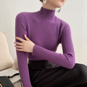 秋冬款半高领套头开叉长袖毛衣女修身内搭打底针织衫百搭保暖毛衫